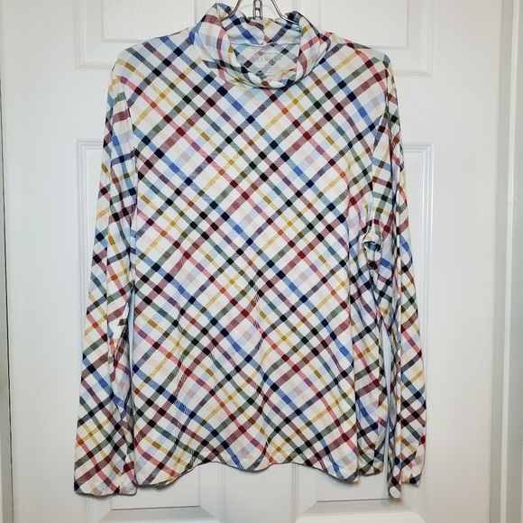 Talbots Woman Cream Multicolor Plaid Turtle Neck Top Blouse Sz XL - Picture 2 of 10